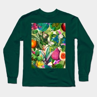 Vibrant tropical floral leaves and fruits floral illustration, pink green fruit pattern over a Long Sleeve T-Shirt